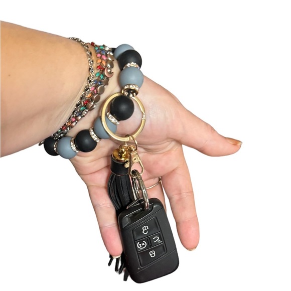 7” Stretchy Black and Grey Silicone Wristlet with Tassel - Picture 4 of 5